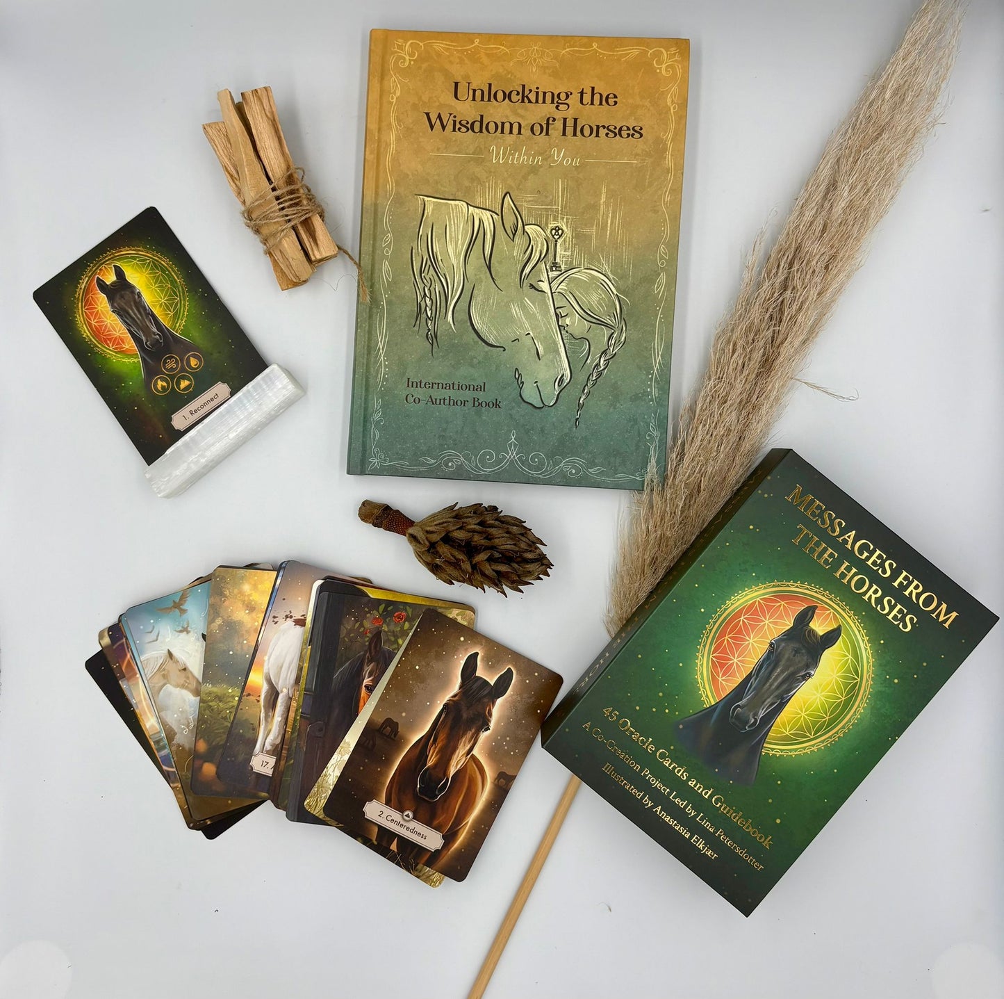 Package deal: Oracle card- deck and the book "Unlocking the wisdom of horses within you" ENG